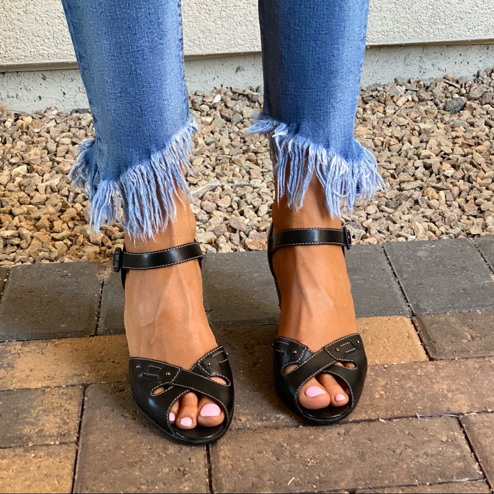 Black Leather Peep Toe Cork Kitten Wedge Sandal - Picture 5 of 7